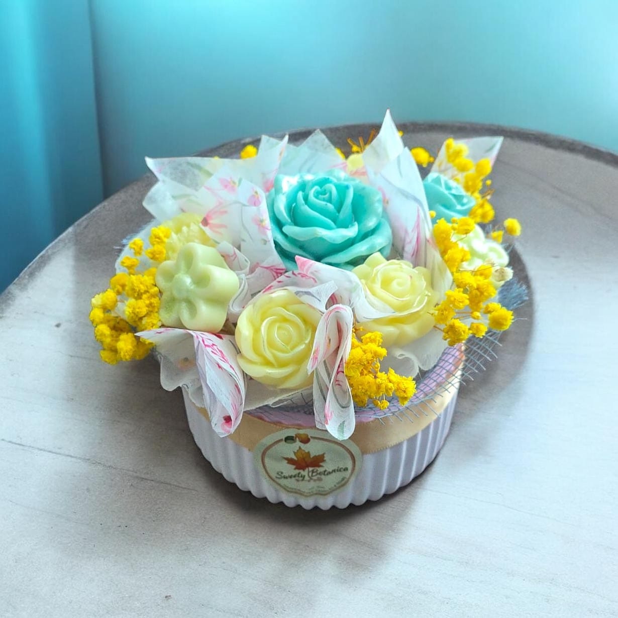 Artisan soy floral bouquet teal yellow roses in handmade Jesmonite — Sweety Botanica UAE