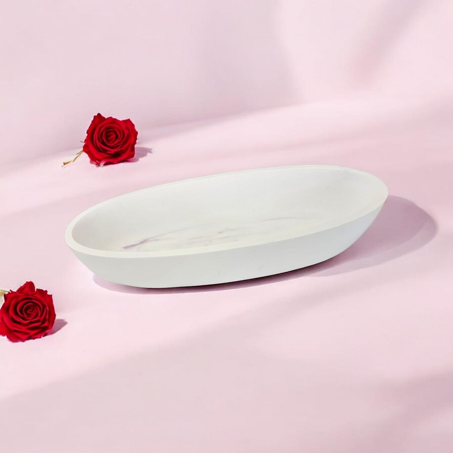 Minimalist oval Jesmonite tray white with marble veining — Sweety Botanica UAE