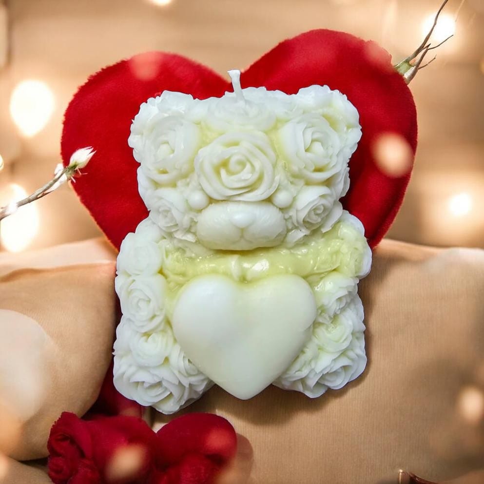 Rose teddy bear pillar soy wax gift candle — Sweety Botanica UAE