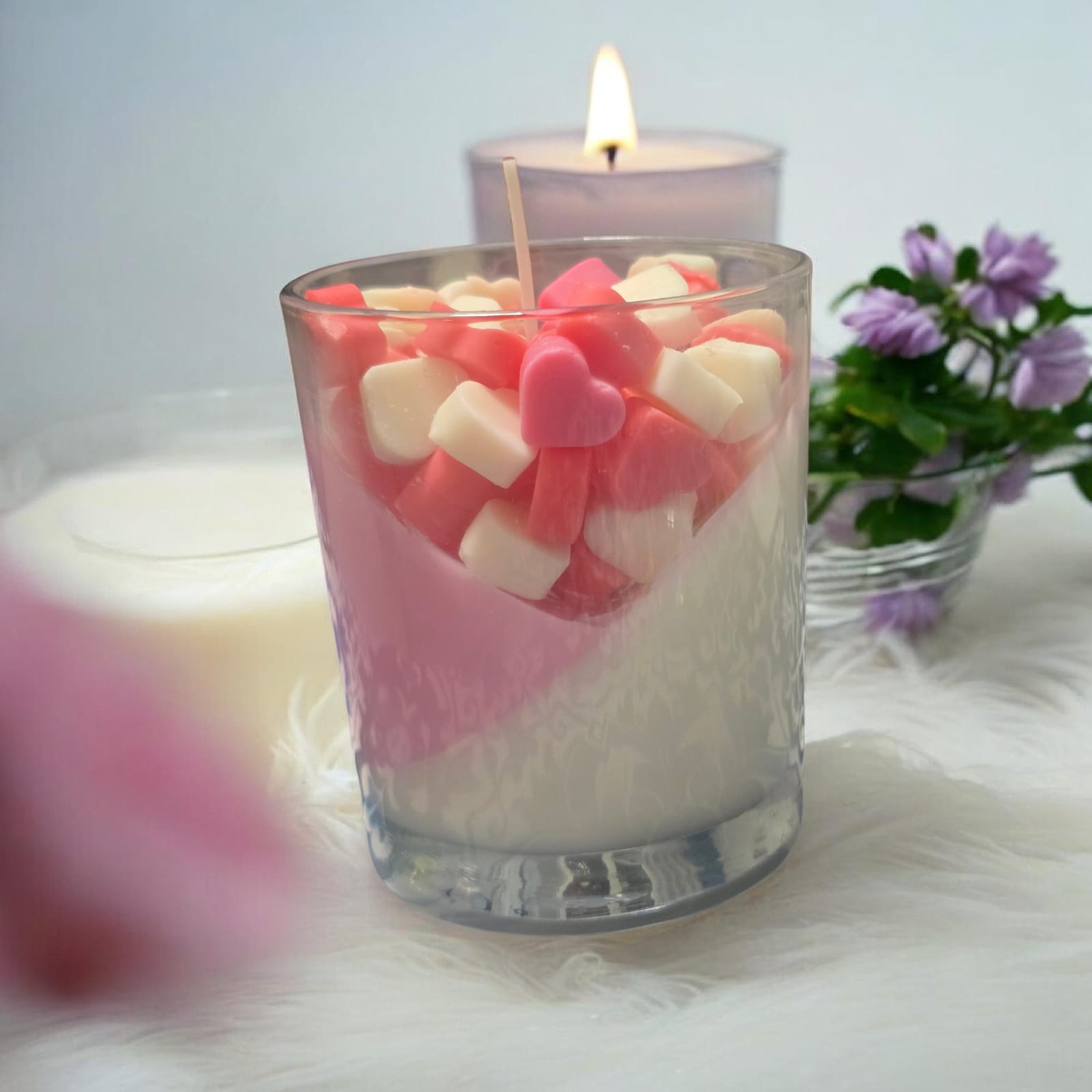Million hearts layered pink white soy candle with heart melts — Sweety Botanica UAE
