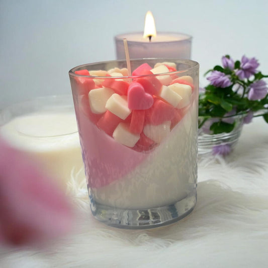 Million hearts layered pink white soy candle with heart melts — Sweety Botanica UAE
