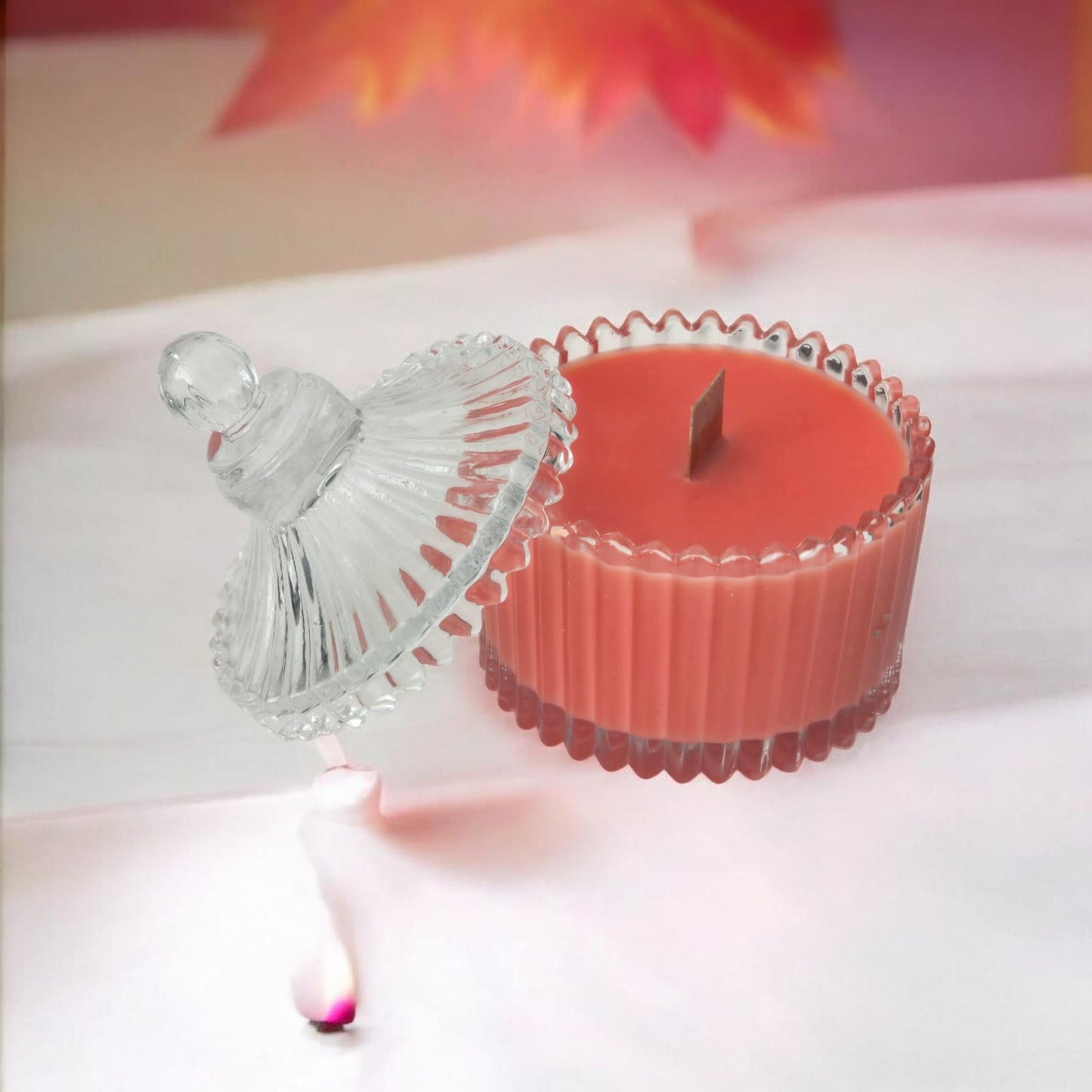 Artisan soy candle ribbed glass jar wood wick — Sweety Botanica UAE
