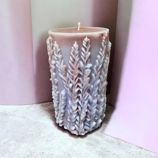 Botanical lavender pillar soy wax sculpture candle — Sweety Botanica UAE

