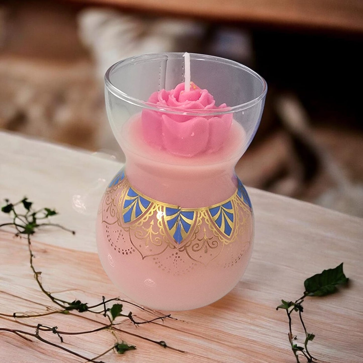 Layered heart confetti diagonal pour candle in ornate mandala vase — Sweety Botanica UAE
