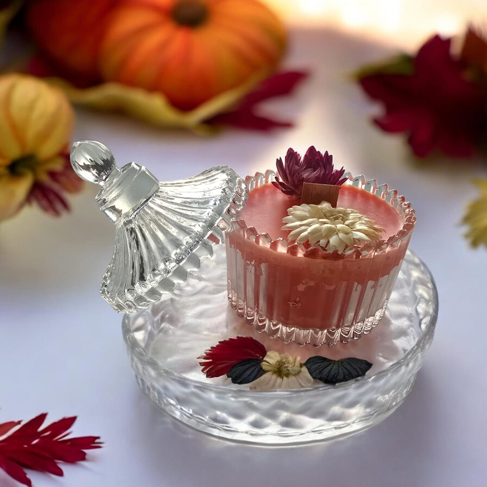 Luxury strawberry soy candle ribbed glass wood wick real dried flowers — Sweety Botanica UAE
