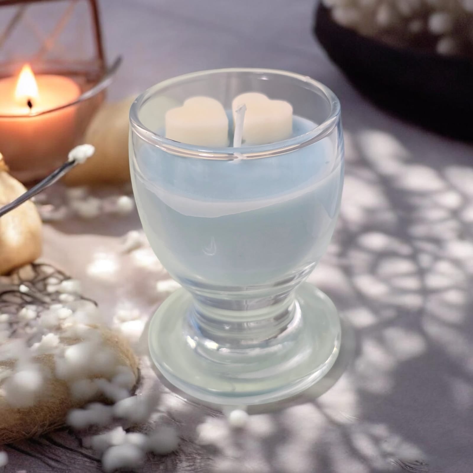 Romantic tea scented soy wax candle in glass goblet — Sweety Botanica UAE

