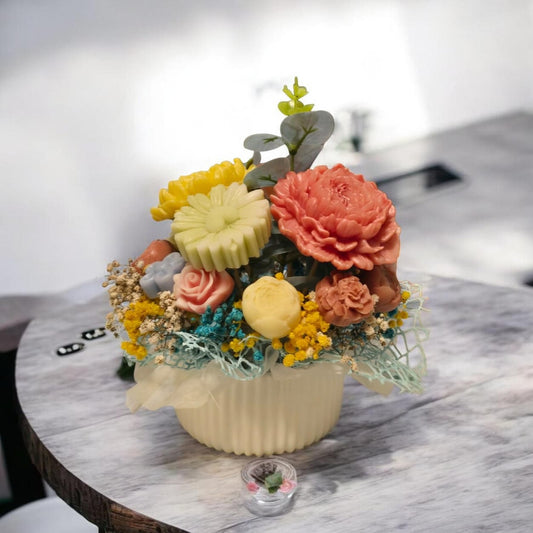 Coral garden soy floral arrangement in Jesmonite bowl — Sweety Botanica UAE
