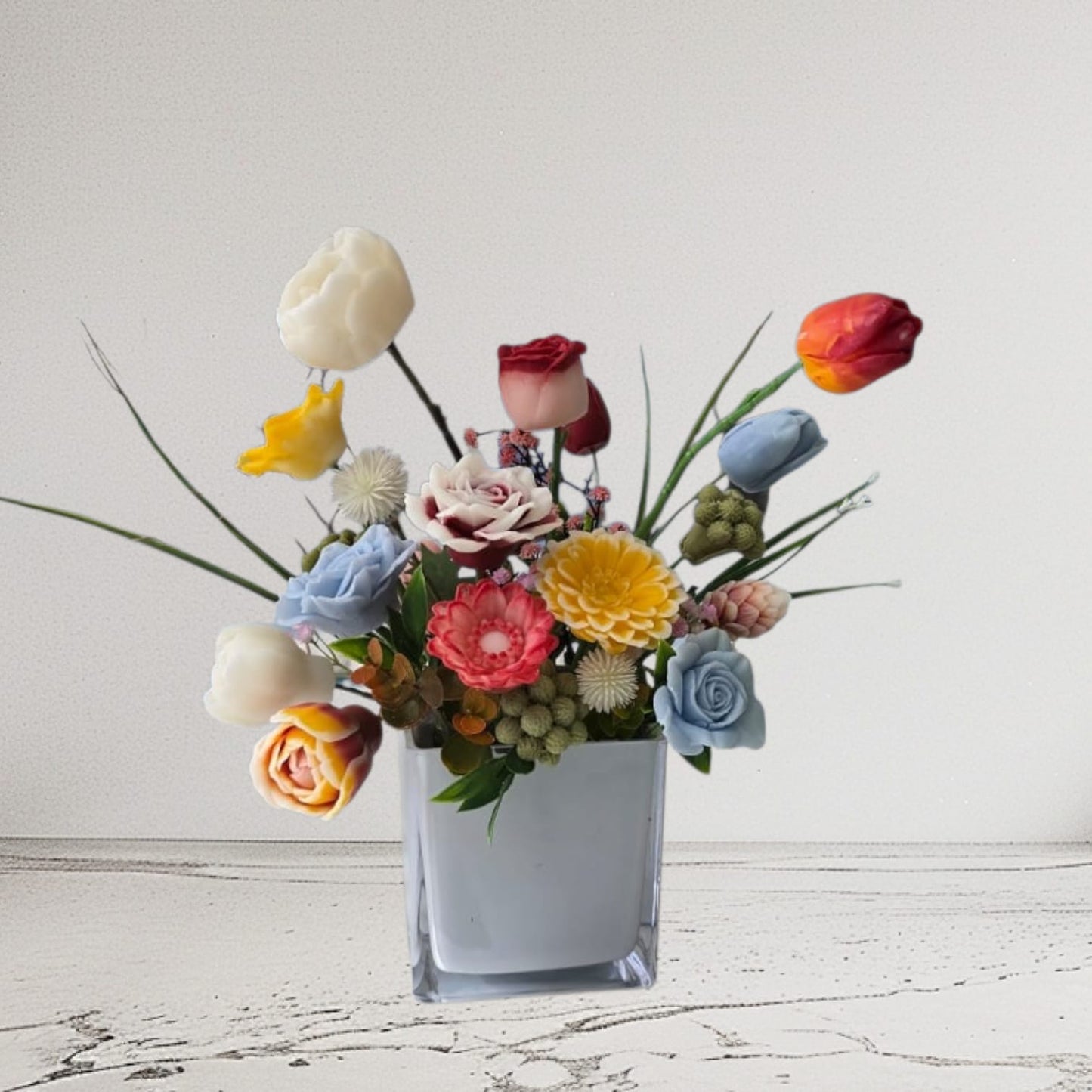 Mixed garden soy wax floral bouquet in glass vase — Sweety Botanica UAE
