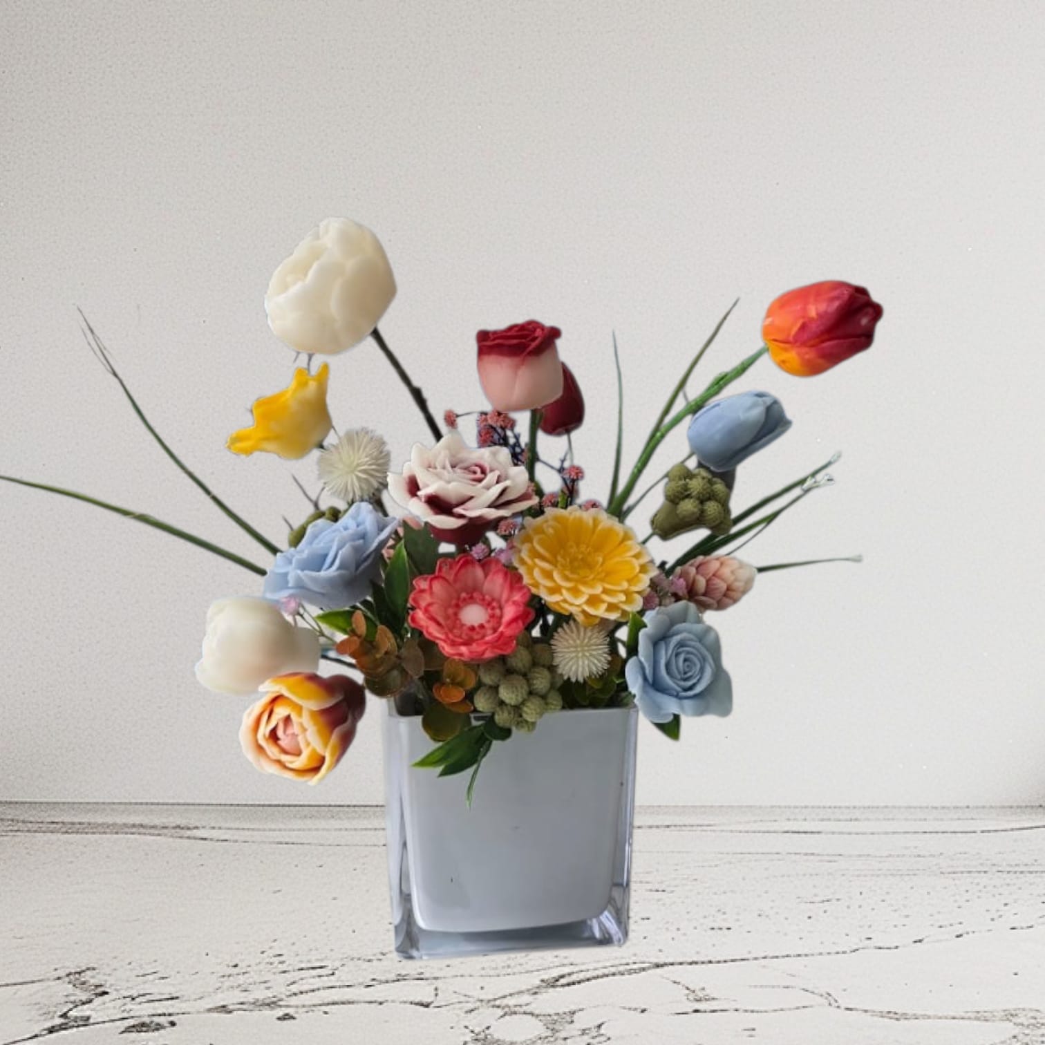 Mixed garden soy wax floral bouquet in glass vase — Sweety Botanica UAE
