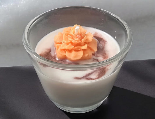 Artisan camellia marbled soy glass candle with sculpted flower topper — Sweety Botanica UAE
